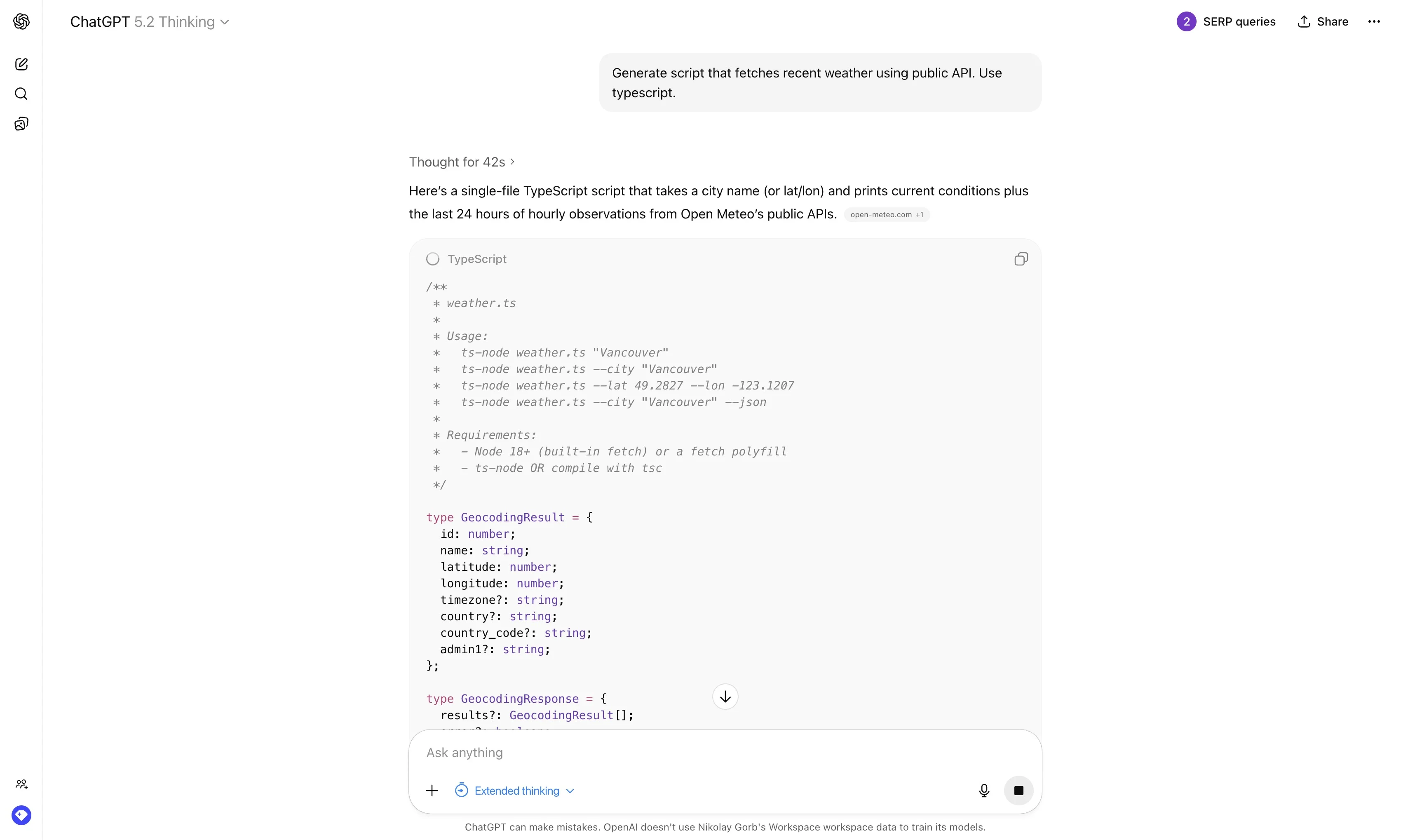 ChatGPT interface powered by GPT-5.2 Thinking generating a TypeScript weather script with syntax highlighting and code explanation