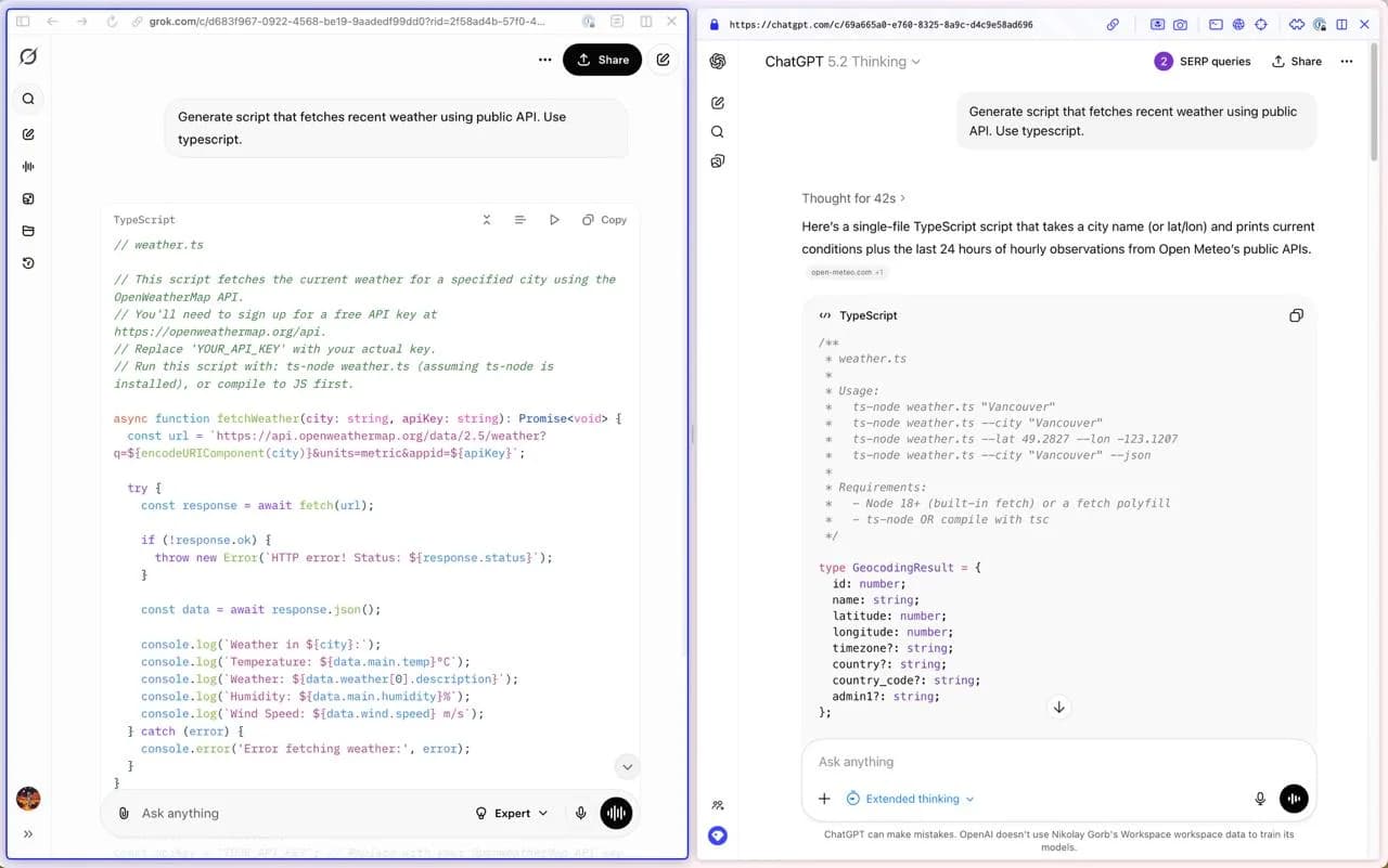 Side-by-side comparison of Grok 4 and ChatGPT GPT-5.2 generating a TypeScript weather API script, showing differences in code structure, comments, and approach