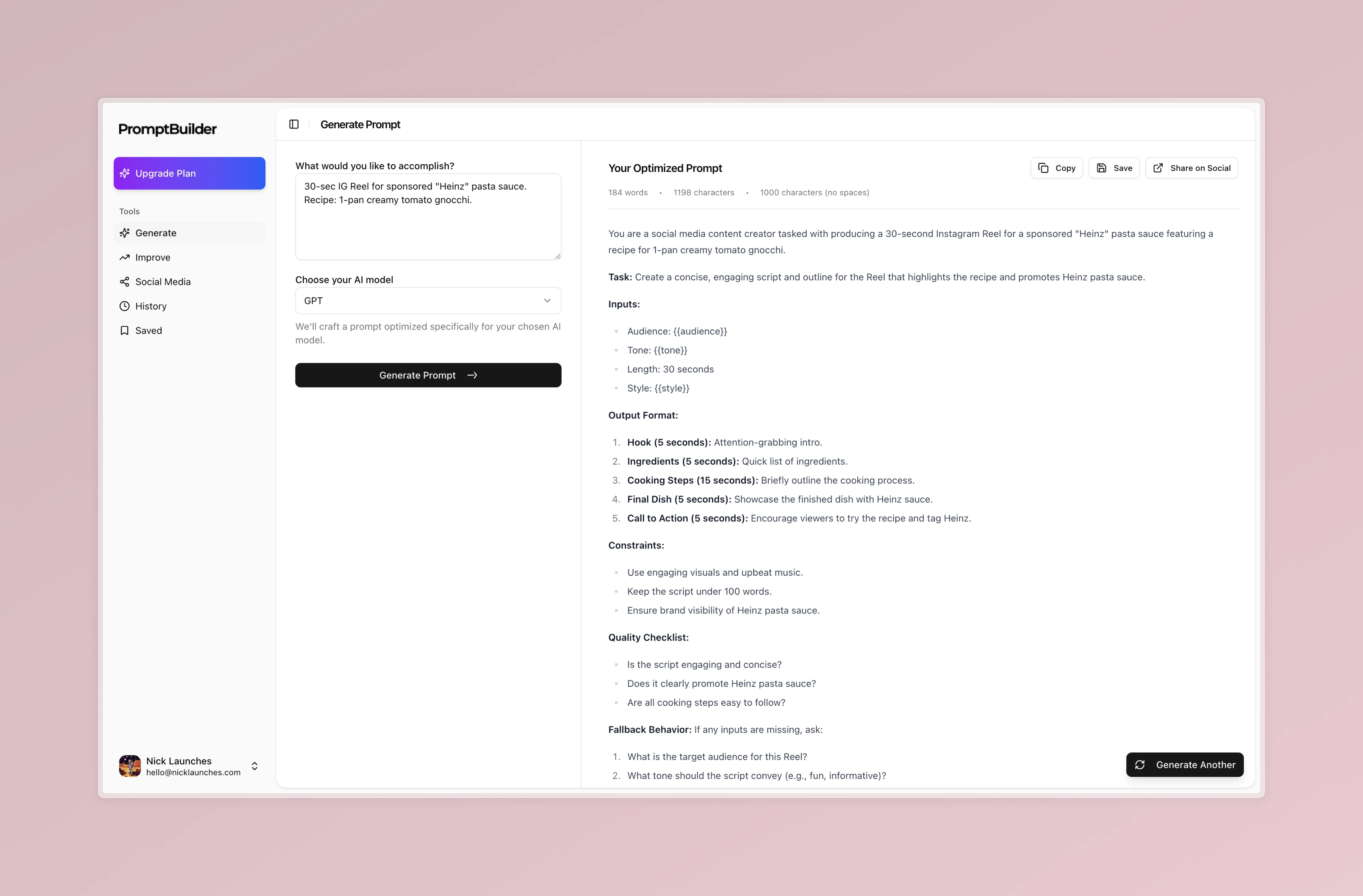 PromptBuilder interface showing food influencer prompt generation with examples of recipe reels and content planning