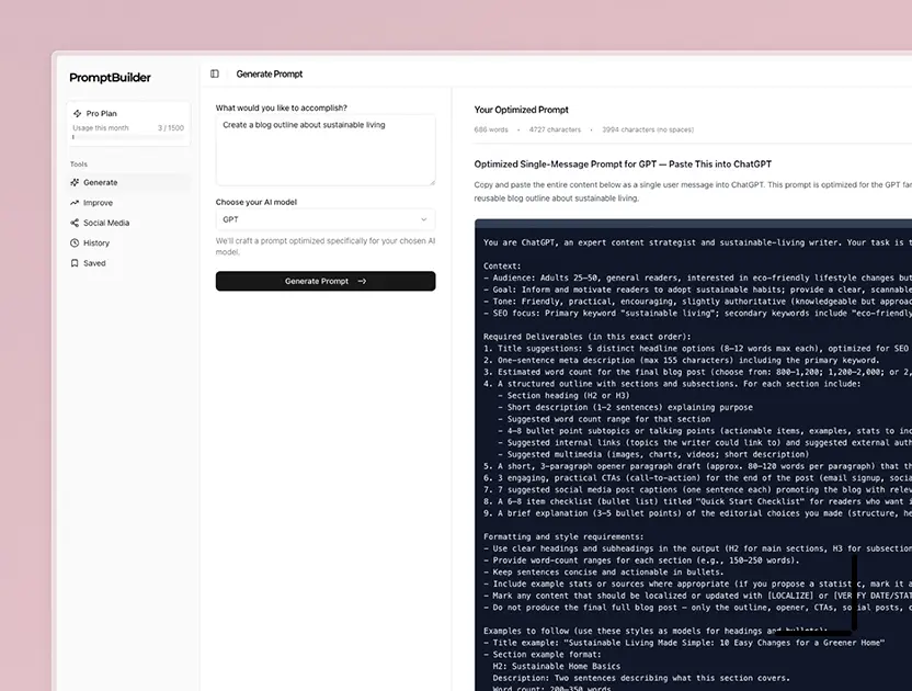 Screenshot of ChatGPT interface showing the generated blog outline with structured sections and professional formatting