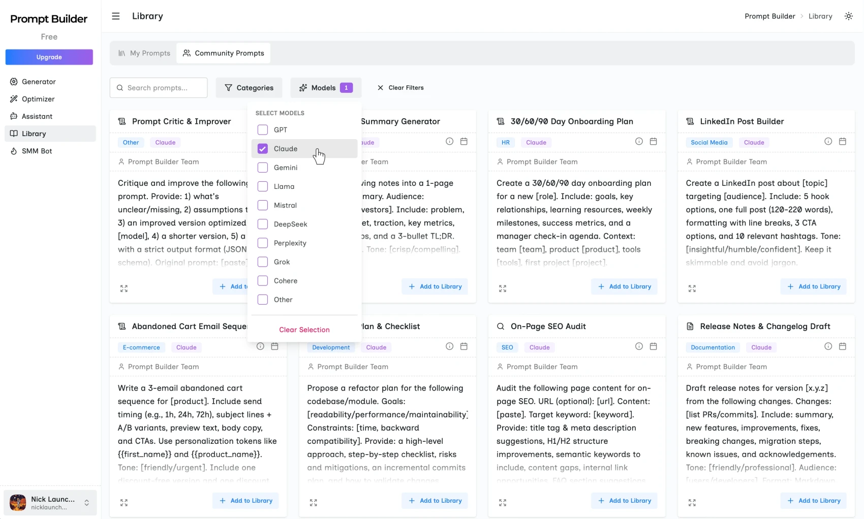 Prompt library with search, filters, pinned prompts, and one-click run