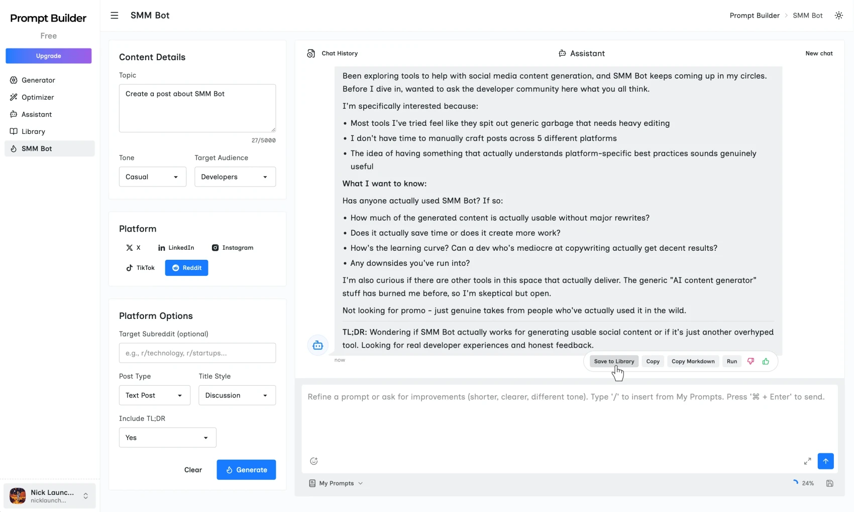 Social media post generator for X, LinkedIn, Instagram, TikTok, and Reddit