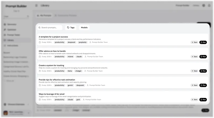 Prompt Builder Community Prompt Library showing ready-made prompts with Save and Run buttons