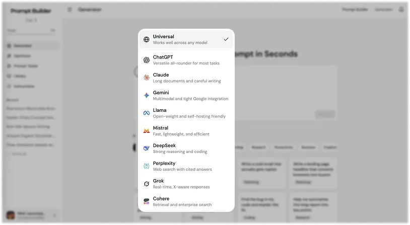 Prompt Builder Generator AI model selector showing Universal, ChatGPT, Claude, Gemini, Llama, Mistral, DeepSeek, Perplexity, Grok, and Cohere