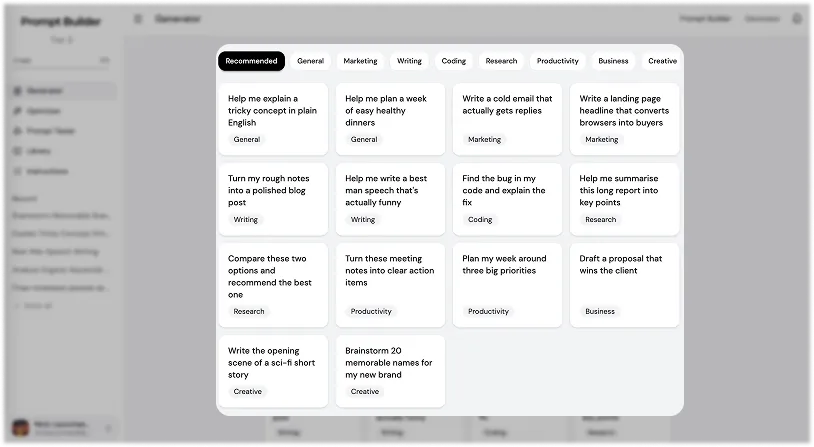 Prompt Builder Generator prompt suggestions organized by category such as Marketing, Writing, Coding, Research, and Productivity