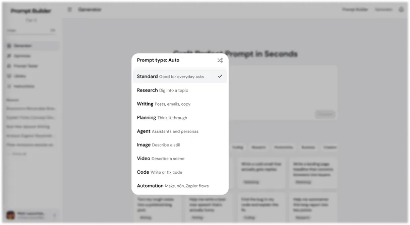 Prompt Builder Generator with the Prompt Type menu open showing Standard, Research, Writing, Planning, Agent, Image, Video, Code, and Automation options