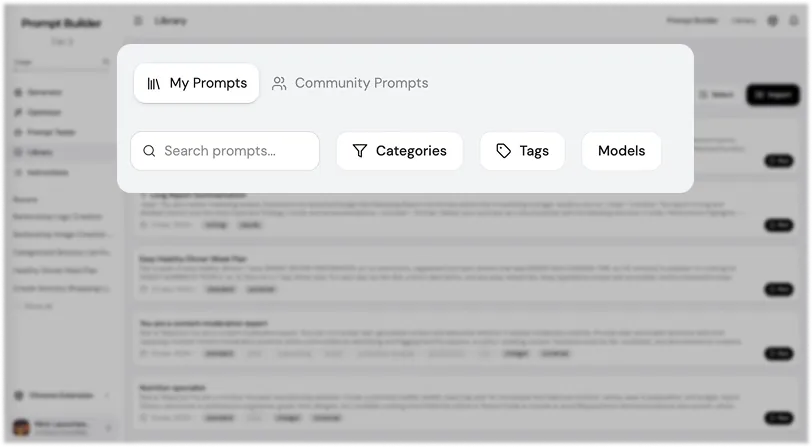 Prompt Builder Library search box and filters for categories, tags, and AI models