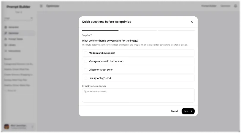 Prompt Builder Optimizer asking quick clarifying questions before optimizing a prompt with suggested answers
