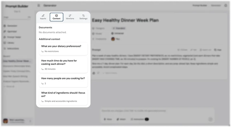 Prompt Builder workspace Context panel showing attached documents and additional context answers about the task
