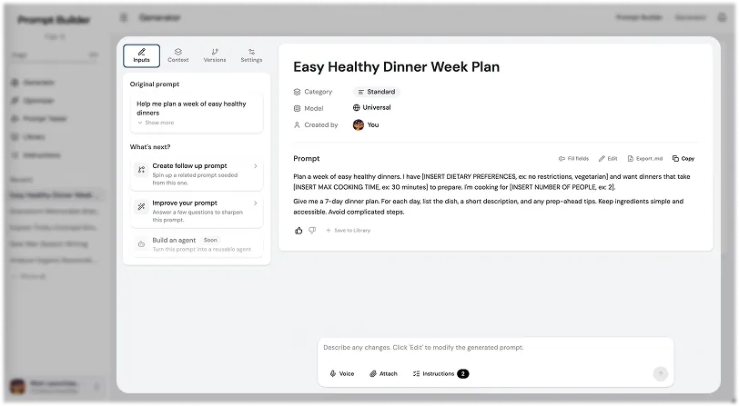 Prompt Builder prompt workspace showing the original prompt, follow-up and improve options, and the generated prompt with edit, export, and copy actions