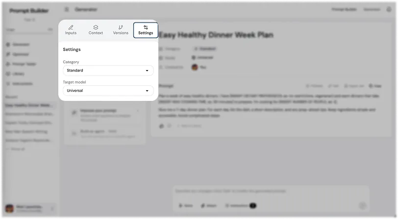 Prompt Builder workspace Settings panel to change the prompt category and target AI model